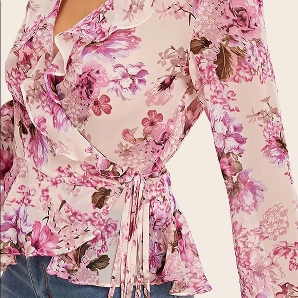 Floral Print Ruffle Wrap Top - Picture 5 of 6